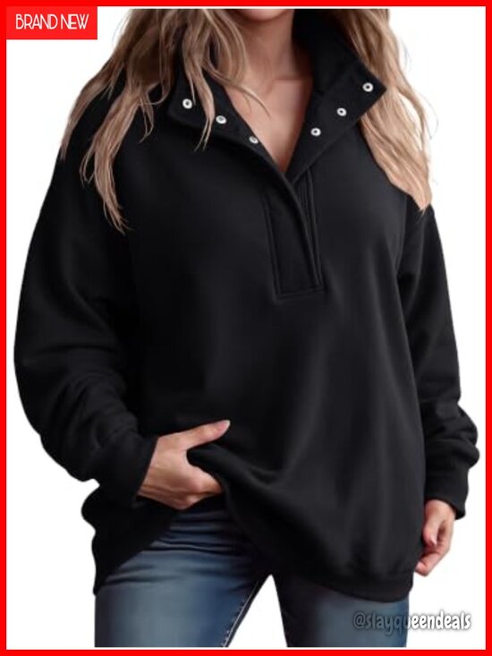 Tops - Fleece Henley Neck Oversized Pullover Sweatshirt Plus Size Long Sleeve